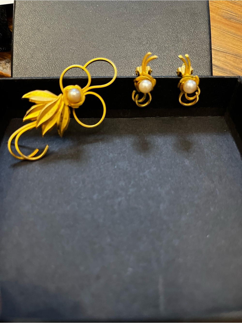 Gold-Tone Pearl Flower Brooch and Clip-On Earrings Set